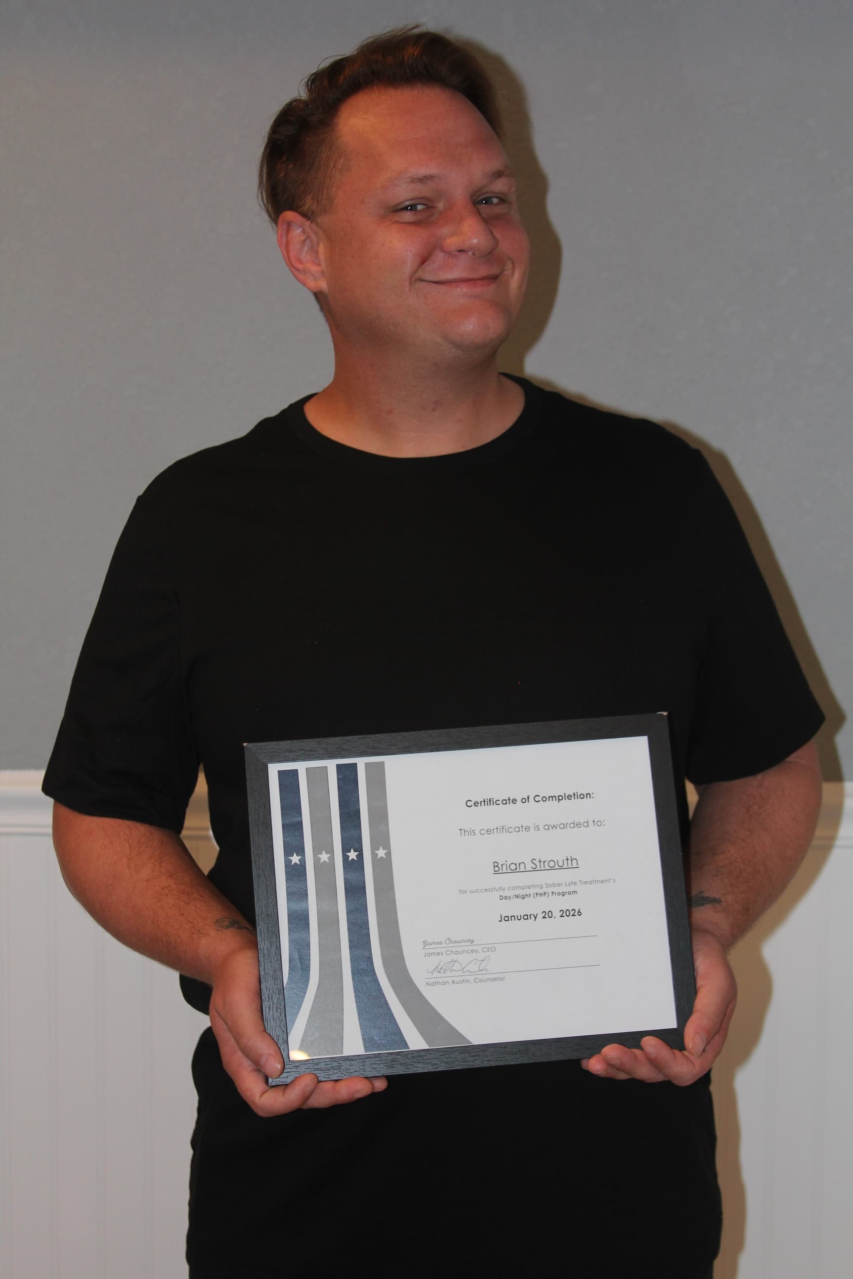 Brian S. — Sober Lyfe Treatment graduate, holding a Certificate of Completion