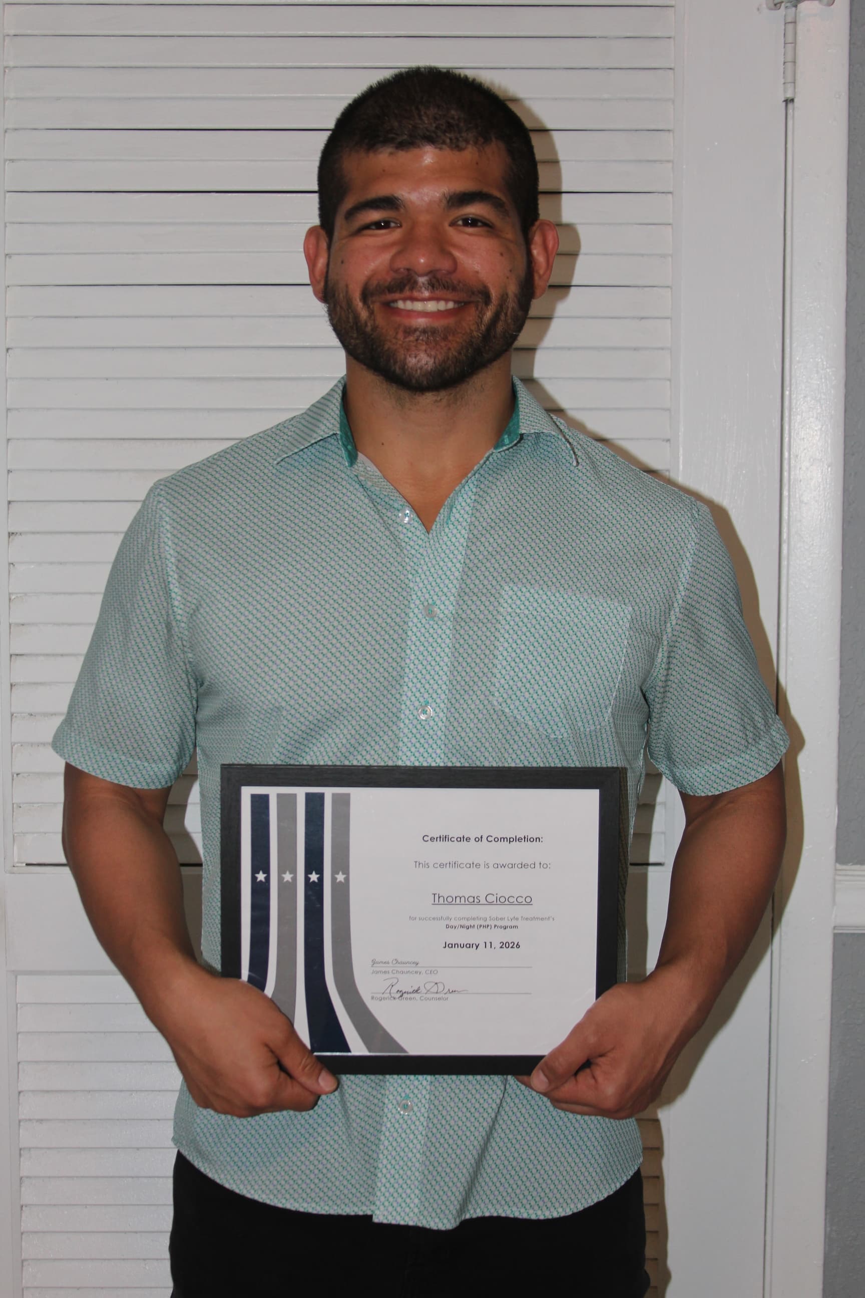 Thomas C. — Sober Lyfe Treatment graduate, holding a Certificate of Completion